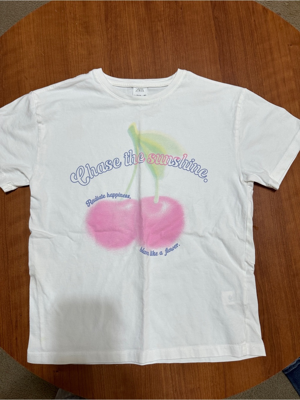 Zara White Tee with Pink Cherry & Pastel Leaf Graphic